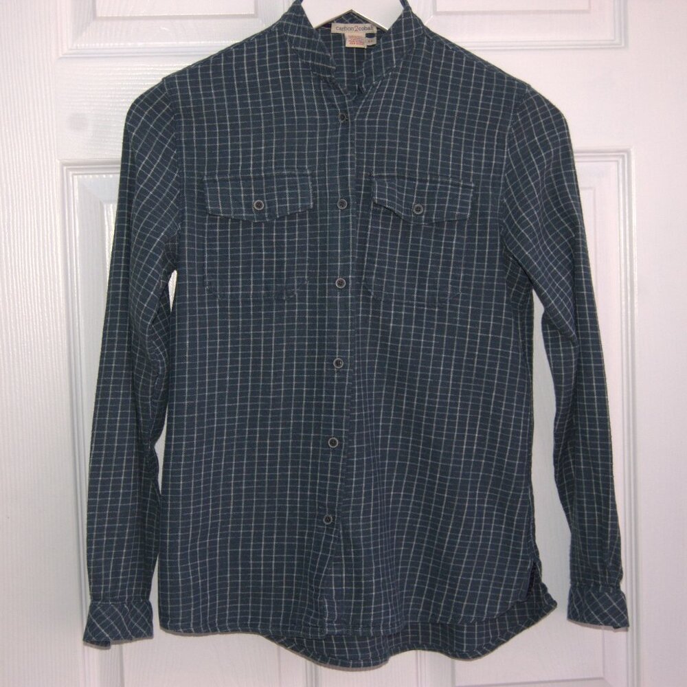 Carbon 2 Cobalt "Agate Plaid" teal flannel shirt, mandarin collar